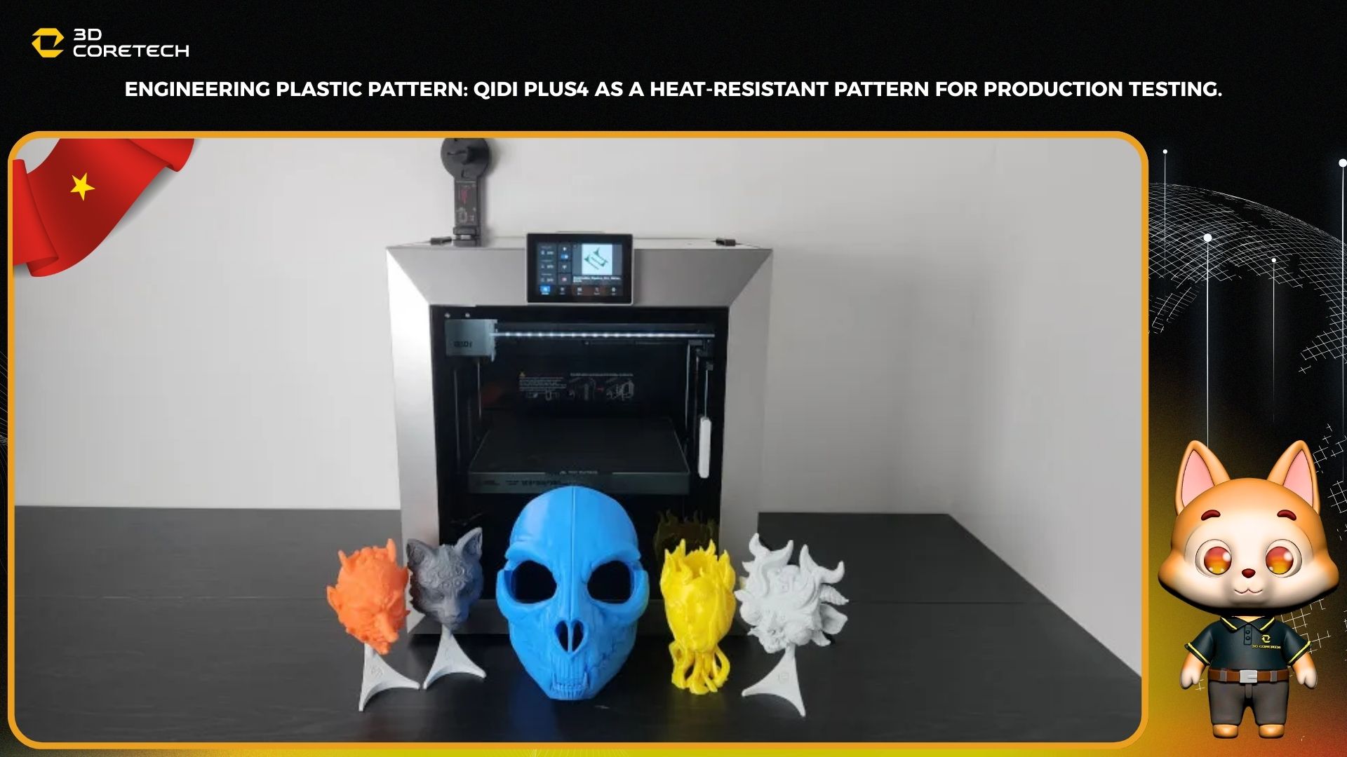 3D printer with colorful prototypes displayed.